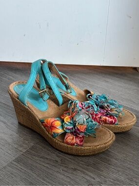 Rimini Turquoise Floral Strap Wedge Sandals